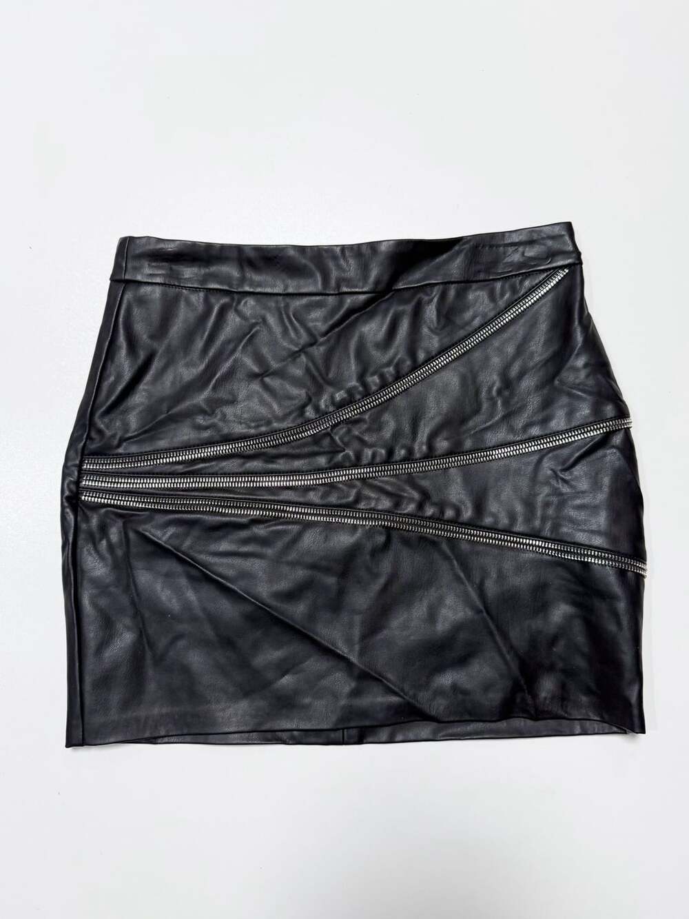Zara Basic Women's Small Black Faux Leather Mini Skirt Asymmetric Zipper Detail